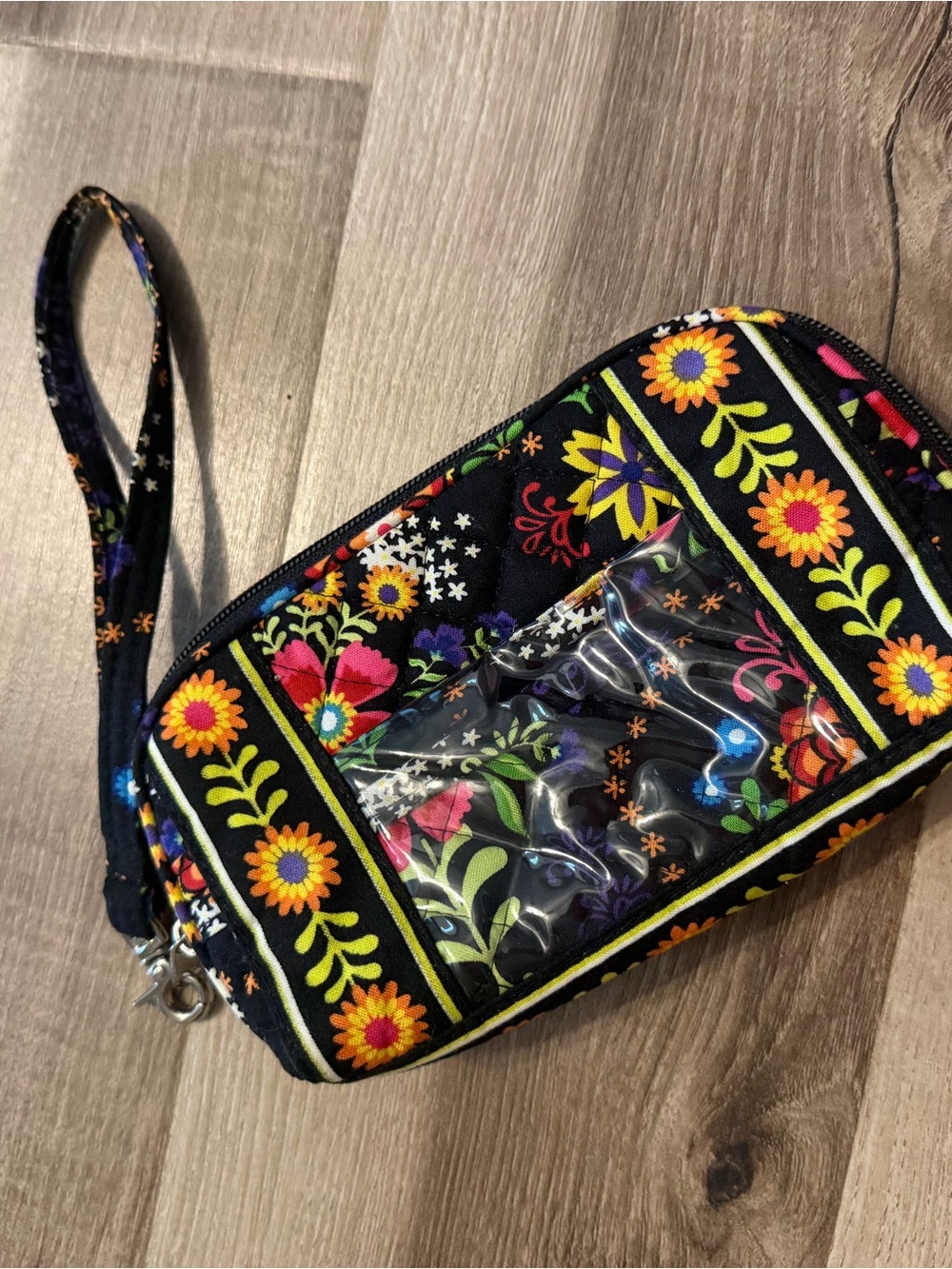 Vera Bradley Black Floral Wristlet with Clear Front Pocket